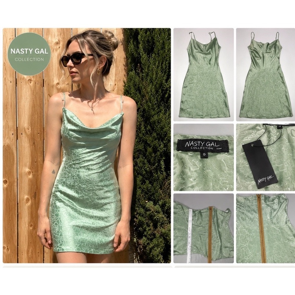 Nasty Gal Collection Slip Dress Womens 0 SageGreen NEW Rose Floral Jacquard Mini